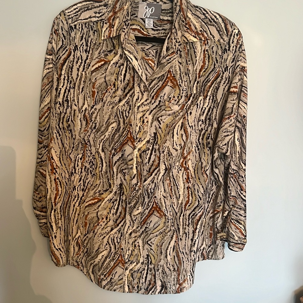 JP COLLECTIONS LADIES BLOUSE  TAN WITH BLACK ETC 14